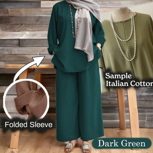 Namila Cotton Loose Pants Set - Clearance - Dark Green - Size L