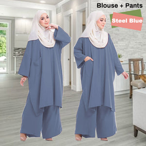 Zavia Kaftan Tunic Loose Pants Set - Clearance - Steel Blue - Size M